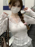 2026 Women's Autumn And Winter New Romantic Exquisite Lace Splicing V-Neck Bottoming Shirt Folded Jerseys Around The Waist