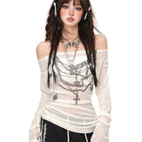 Hottie Style Printed A Word Shoulder Long-Sleeved T-Shirt Girl Autumn Micro-Permeable Mesh Repair Body Thin Inside Clothes