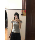 Fashion Sexy Hottie Gray Shoulder Short-Sleeved T-Shirt Girl Summer New Out-Shoulder Repair Slim Short Top