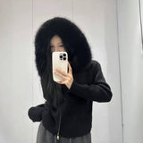 KANING Imitation Fox Fur Collar Knitted Cardigan 2026 Autumn And Winter New Hooded Double Zipper Short Coat Woman