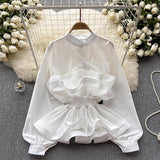 French Light Luxury Famous High-End Bubble Bubble Sleeve Shirt Women Autumn Waist Lotus Leaf Side Design Niche Super Fairy Top