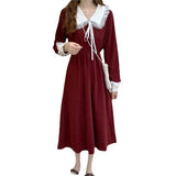 New Christmas And Autumn Winter French Dresses Women's Red Waist Temperament Long-Sleeved Hepburn-Style Dress