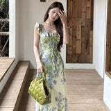 New Sensing Fengfeng High-Sensing Printed Flying Sleeve Dresses Women's Summer Bags And Buses Long Dresses