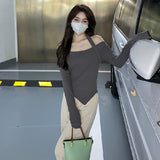 2026 Word Shoulder Hanging Neck Long-Sleeved T-Shirt Woman Autumn New Hot Girl With A Short Bottom Shirt Top