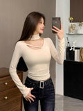 Pure Style Hot Girl Hanging Neck Long Sleeve Top Girl Autumn And Winter Thick De Velvet Design Sense Niche Hollow Bottom Shirt Top