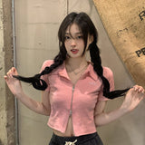 Fashion Sweet Hottie Sexy Polo Collar Short-Sleeved T-Shirt Design Double Zipper Repair Slim Short Top