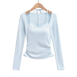 Pure Lust Sweet Wind With Chest Pads Two Long Sleeve Bottom T-Shirt Hanging Neck Folds To The Waist Sexy Niche