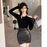 Spice Girls Pure Want To Hang Neck Long-Sleeved T-Shirt Girls Autumn Winter Korean Version Of The Fashion Niche Sexy Body Red Short Top