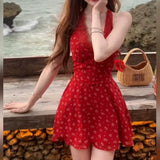 New Red Hanging Neck Broken Flower Dress Women Summer Seaside Holiday Senior Feel Shoulder-To-Shoulder A-Word Skirt