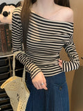 Autumn Pure Lust Sexy Slanted Side-Striped Shoulder Word-Collared Long-Sleeved T-Shirt Girl Slimmed Hottie Top