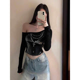 Vintage Sexy Out-Shoulder Long-Sleeved T-Shirt Girl Spring New Slimming Black Hottie Top