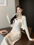 2026 New Korean Wave Point Sling Bow Tie Dress Female Gentle Temperament Small Long Dress
