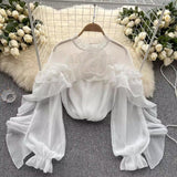 Design Sense Of Irregular Lotus Leaf Side Mesh Shirt Women Spring Autumn Folded Small Group To Repair Chic Top Tide