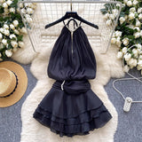 Vietnamese Wrinkled Flowers High-Grade Feeling Small White Skirt Milk White Ponbo Pearl Hanging Neck Skirt Temperament Goddess