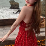 New Red Hanging Neck Broken Flower Dress Women Summer Seaside Holiday Senior Feel Shoulder-To-Shoulder A-Word Skirt
