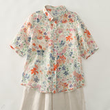 Real Shooting Idyllic Plant-Print Shirt Monet Garden Crumb Shirt French Fresh Half-Sleeved Top Woman