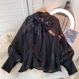 French Bow Shirt Female Design Sense Of Small Pure Style Hottie Chic Bubble Long Sleeve Top