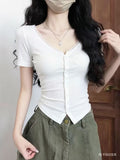 Pure-Want-Style Sexy V-Neck Lace Spliced Short-Sleeved T-Shirt Woman 2026 Summer New Hottie Slim Top