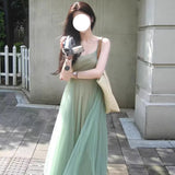 Gentle Wind Green Mesh Sling Skirt Two Sets Of Spring And Summer New Kaqi Inside The Body Temperament A Word Long Skirt