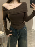 Sexy Hottie Velvet Wrinkled Body Shoulder Bottom Top Girl Spring And Autumn Pure Desire To Play Bottom Long-Sleeved T-Shirt