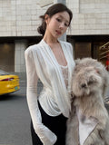Lace Splicing Fake Two-Piece Collar T-Shirt Women Autumn And Winter Long Sleeves Design Pure White Bottoming Shirt Top