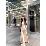Autumn And Winter Famous Wind Pure Color V Collar Horn Sleeve Dress Woman With Coat A Long Dress