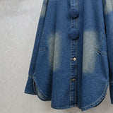 Standing Autumn And Winter Collar Bubble Long Sleeves Big Button Design Retro Washing Color Loose Street Trendy Denim Shirt