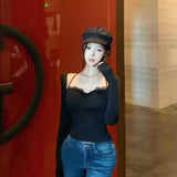Vintage Ocean Gas Splicing Long-Sleeved T-Shirt Women's Spring New Slimming Inside The Bottom Sexy Top Tide