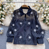 High-End Oceanic Heavy Industry Nail Pearl Sclins Stereo-Flower Shirt Women 2025 Spring Dress New Perspective Netɴ French Top