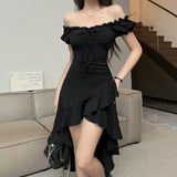Black Lotus Side Irregular Dress Women's Summer New Word Shoulder-To-Shoulder Sexy Long Skirt