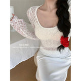 Fashion Hottie Lace T-Shirt Splicing Long-Sleeved T-Shirt Girl Spring New Slimming And Niche Blouse