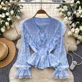 French Name Lace Splicing Doll Collar Horn Lace Lace Truss Lace Truss Truss Tucked Single Buckle Thin Sleeve Shirt