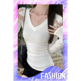 270 Grams Double-Sided Velvet Autumn Warm Solid Color V-Neck Long-Sleeved T-Shirt Girl Body Pure Lust Wind Bottom Shirt Top