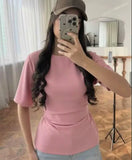 Sexy Slim Slim Thin Round Collar Solid Color Short-Sleeved Women's T-Shirt Summer Tie With Waist Pure Desire Casual T-Shirt Top Girl