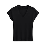 Pure-Want Summer Thin Fashion Simple V Collar Side Short Sleeve Half Sleeve Thin Tight Sexy Shirt T-Shirt