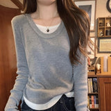 Fake Two Drawstrings Folded Long-Sleeved Women Early Autumn New Thin Design Top