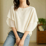 9 Color Day 2026 Summer New Short-Sleeved Bat Shirt Loose Round Neck Casual Chiffon