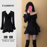 Spring And Autumn New Small Black Dress Lotus Leaf Edge V Collar Horn Sleeve Hottie Dress Pure Temperament