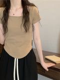 Pure Desire Ins Square Collar Korean Version Of Slimming Short-Sleeved T-Shirt Women's Summer Fashion Short Fashion Thin Bottom Shirt Topess Women T