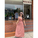 Lew-Back Red Lattice Sling Dress Women's New French Pastoral Style In Summer To Close The Waist Thin Dress