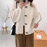 KANING Round Horn Buckle Knitted Cardigan Women 2026 Autumn New Loose Solid Design Sweater Jacket