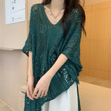 V-Necked Short-Sleeved Knitted Shirt Women's Thin Autumn Design Sense Of Small Unique To Loose Hooded Tops