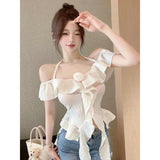 Summer Sexy Pure Wind Open Shoulder Hanging Neck Sling Vest Woman Design Lotus Leaf Side Tight Thin Cloth