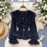 French Name Lace Splicing Doll Collar Horn Lace Lace Truss Lace Truss Truss Tucked Single Buckle Thin Sleeve Shirt
