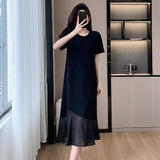 Irregular Bumpy Patchwork Short-Sleeved Dress Women's Design Sense Loose Thin Round Collar T-Shirt Dress New
