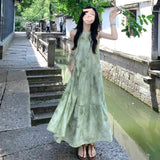 New Chinese Women's Sleeveless Hanging Neck Dress Summer Cold Slack Feeling Wearing Slings Green Broken Flower Dress