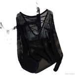 KANING Black And White Striped Hollow Ice Silk Knitted Women's Long Sleeves Loose Languid Hooded T-Shirt T-Shirt Babes Hollow Blouse