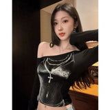 Korean Hottie Collared Shoulder Long-Sleeved T-Shirt Girl Autumn 2025 New Temperament Short Slim Slim Top Tide
