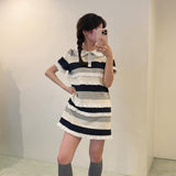 Real Shooting A Large Number Of Goods Summer New Lace Splicing Lace Knitted Doll Collar Short-Sleeved Skirt Striped Skirt