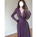 [Original Fabric] Korean Version Of Commuting Sweet V-Neck Lace Splicing Long Sleeves To Close The Waist Dress Women In Autumn 2025